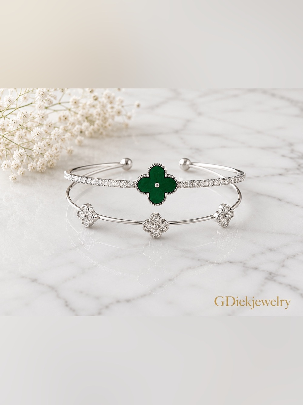 Green Clover Silver Cuff Bracelet - Women Jewelry